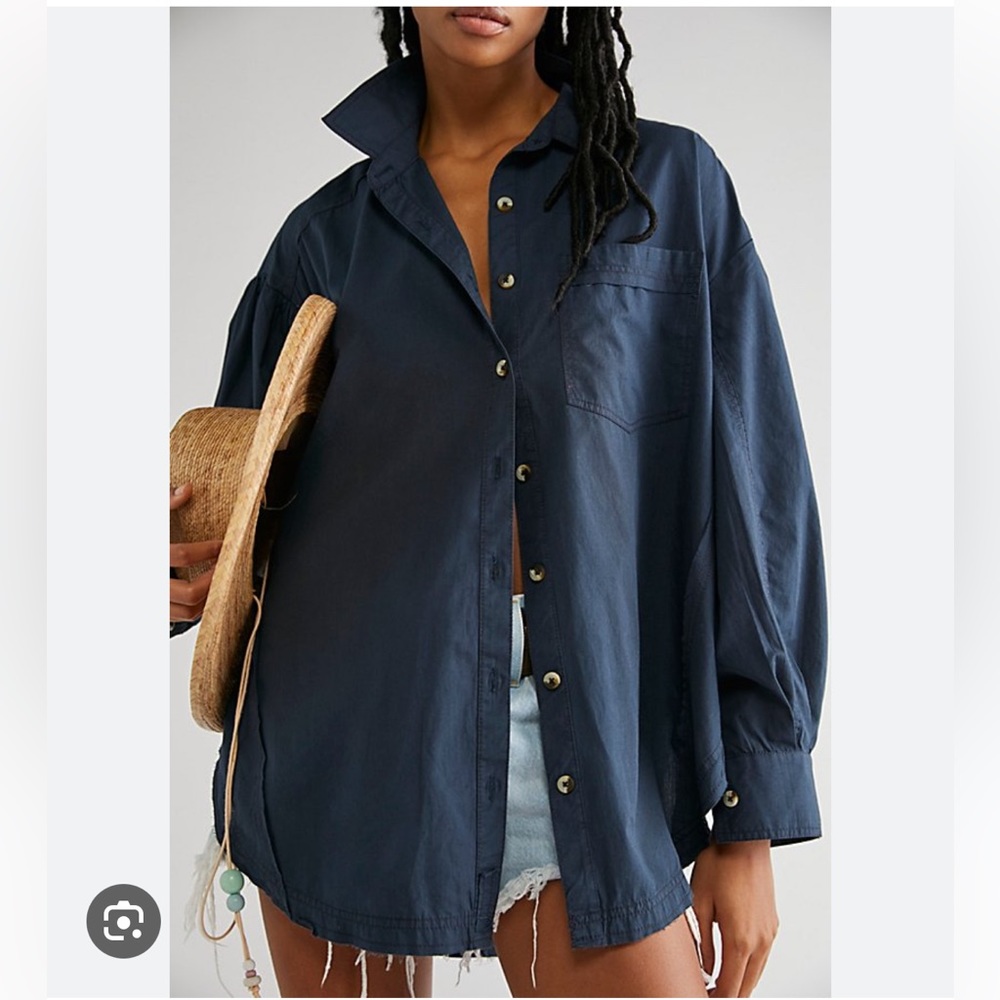 Free People Happy Hour Solid Poplin Top - Dark Navy